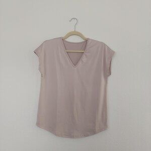 Beige V-Neck T-shirt, soft polyester, short sleeve, casual fit